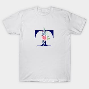 Watercolor Floral Letter T in Navy T-Shirt